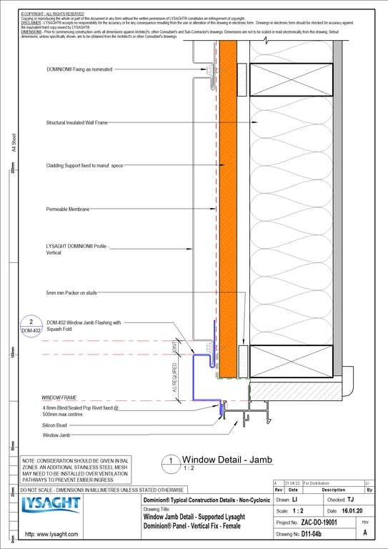  Image of D11-04b - Window Jamb Detail - Supported Lysaght Dominion® Panel - Vertical Fix - Female