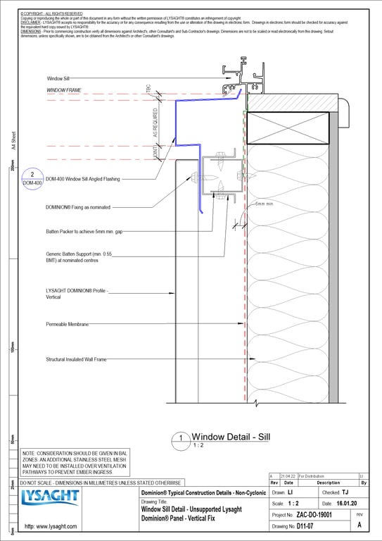 Navigate to D11-07 - Window Sill Detail - Unsupported Lysaght Dominion® Panel - Vertical Fix