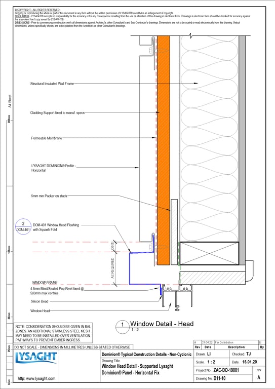  Image of D11-10 - Window Head Detail - Supported Lysaght Dominion® Panel - Horizontal Fix