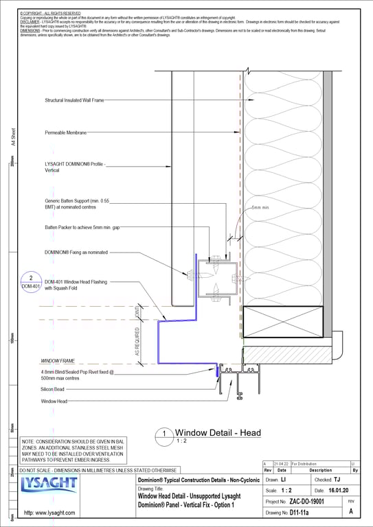 Navigate to D11-11a - Window Head Detail - Unsupported Lysaght Dominion® Panel - Vertical Fix - Option 1