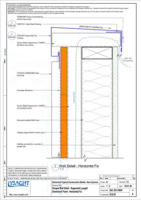 Navigate to D12-02 - Parapet Wall Detail - Supported Lysaght Dominion® Panel - Horizontal Fix