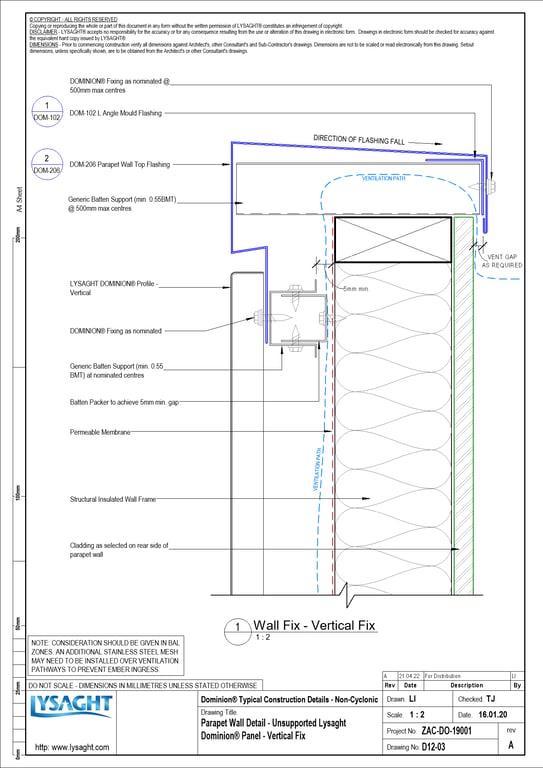 Navigate to D12-03 - Parapet Wall Detail - Unsupported Lysaght Dominion® Panel - Vertical Fix