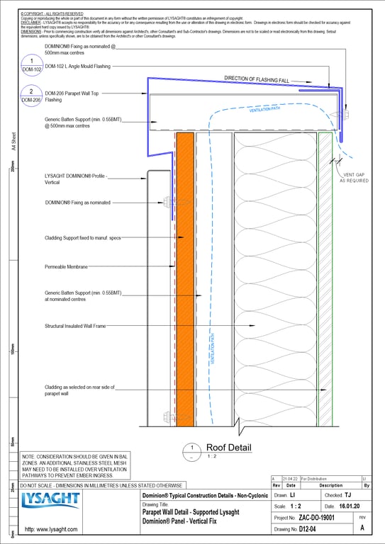 Navigate to D12-04 - Parapet Wall Detail - Supported Lysaght Dominion® Panel - Vertical Fix