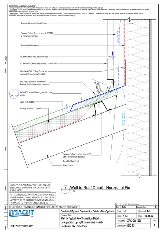 Navigate to D12-05 - Wall to Typical Roof Transition Detail - Unsupported Lysaght Dominion® Panel - Horizontal Fix - Side View
