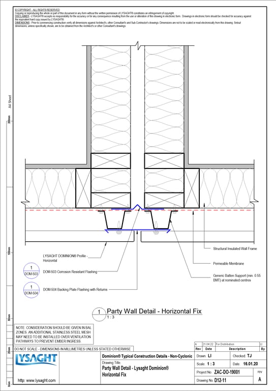 Navigate to D12-11 - Party Wall Detail - Lysaght Dominion® Horizontal Fix