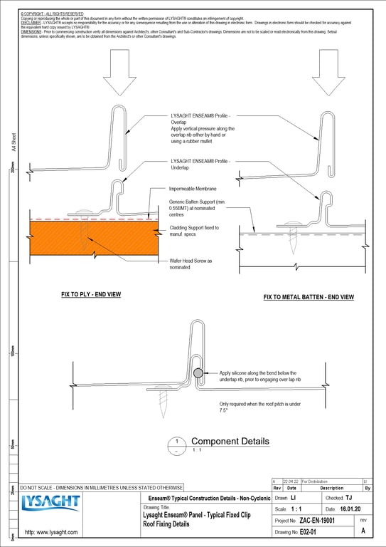  Image of E02-01 - Lysaght Enseam® Panel - Typical Fixed Clip Roof Fixing Details
