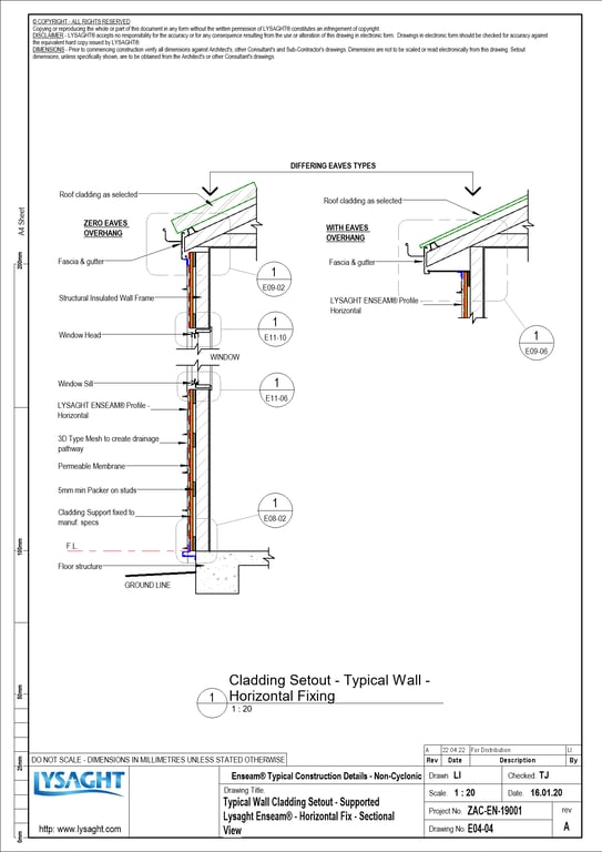  Image of E04-04 - Typical Wall Cladding Setout - Supported Lysaght Enseam® - Horizontal Fix - Sectional View