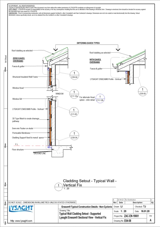  Image of E04-08 - Typical Wall Cladding Setout - Supported Lysaght Enseam® Sectional View - Vertical Fix