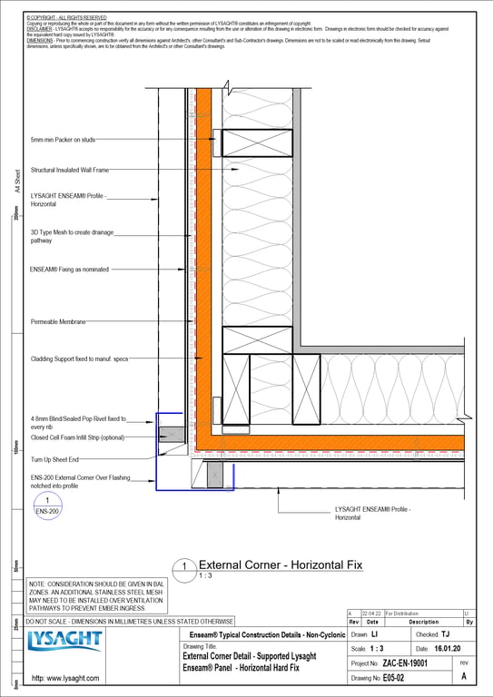 Navigate to E05-02 - External Corner Detail - Supported Lysaght Enseam® Panel - Horizontal Hard Fix