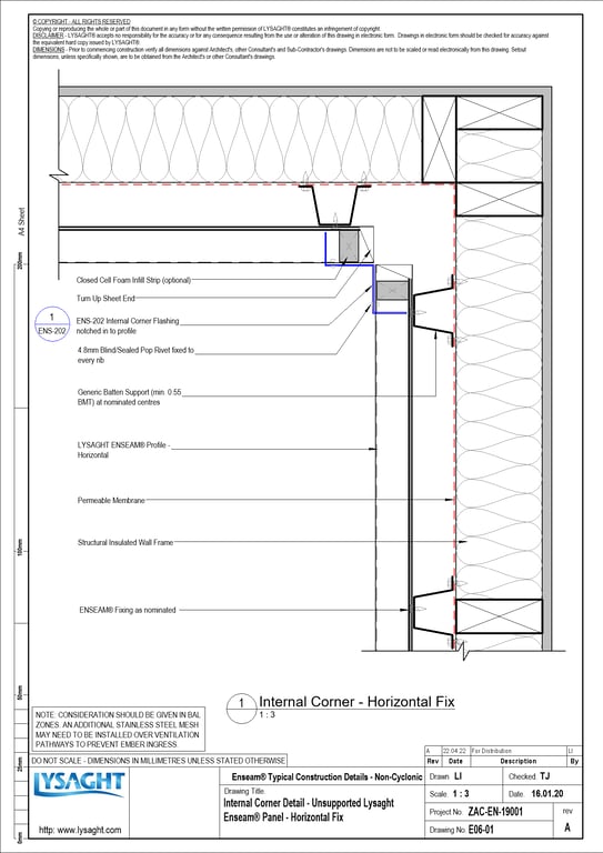 Navigate to E06-01 - Internal Corner Detail - Unsupported Lysaght Enseam® Panel - Horizontal Fix