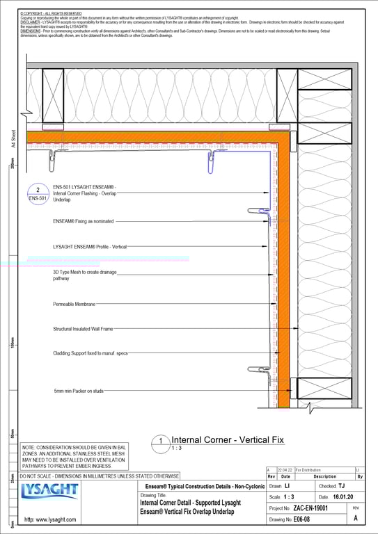 Navigate to E06-08 - Internal Corner Detail - Supported Lysaght Enseam® Vertical Fix Overlap Underlap