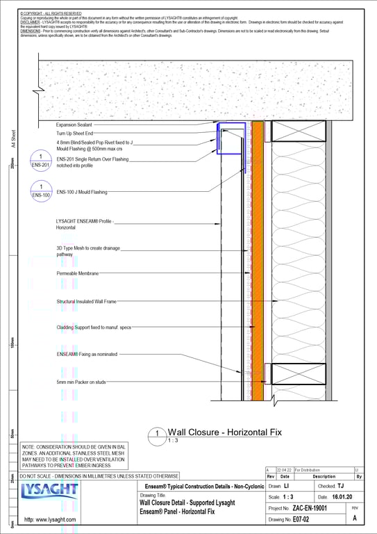 Navigate to E07-02 - Wall Closure Detail - Supported Lysaght Enseam® Panel - Horizontal Fix