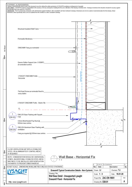 Navigate to E08-01 - Wall Base Detail - Unsupported Lysaght Enseam® Panel - Horizontal Fix