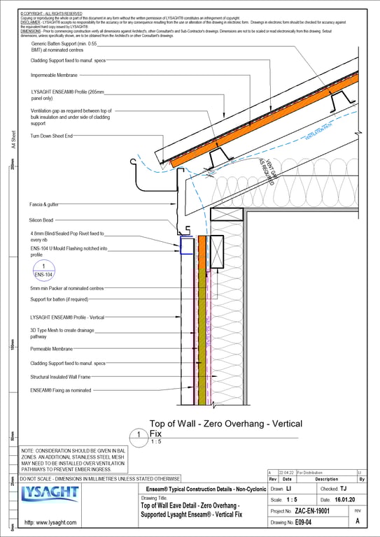 Navigate to E09-04 - Top of Wall Eave Detail - Zero Overhang - Supported Lysaght Enseam® - Vertical Fix