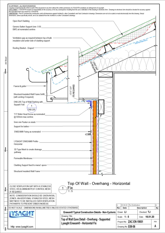 Navigate to E09-06 - Top of Wall Eave Detail - Overhang - Supported Lysaght Enseam® - Horizontal Fix