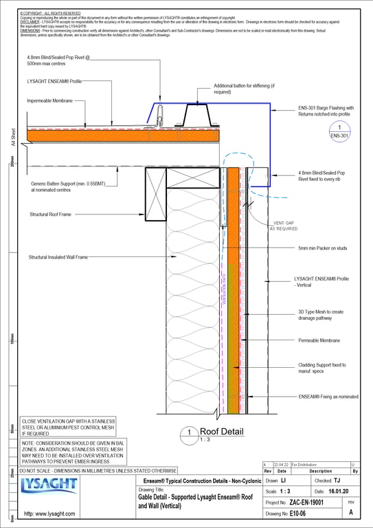  Image of E10-06 - Gable Detail - Supported Lysaght Enseam® Roof and Wall (Vertical)