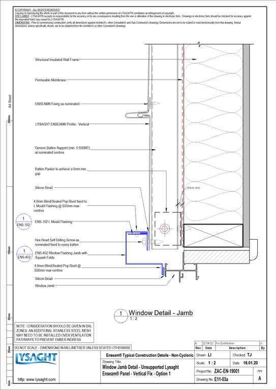 Navigate to E11-03a - Window Jamb Detail - Unsupported Lysaght Enseam® Panel - Vertical Fix - Option 1