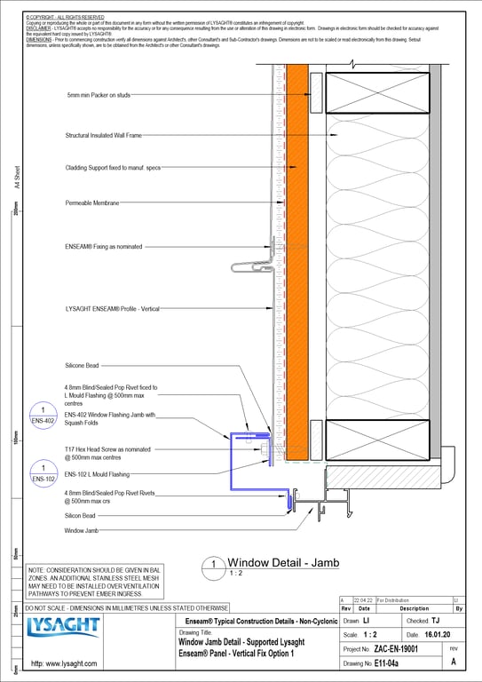  Image of E11-04a - Window Jamb Detail - Supported Lysaght Enseam® Panel - Vertical Fix Option 1