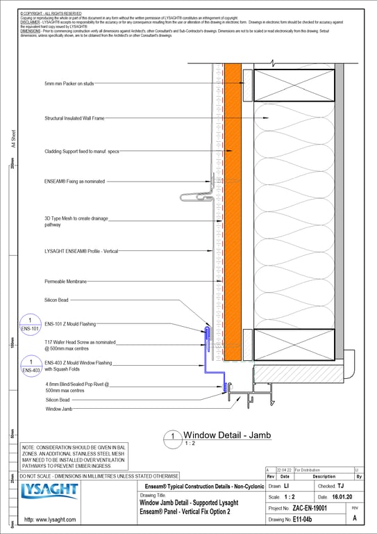 Navigate to E11-04b - Window Jamb Detail - Supported Lysaght Enseam® Panel - Vertical Fix Option 2