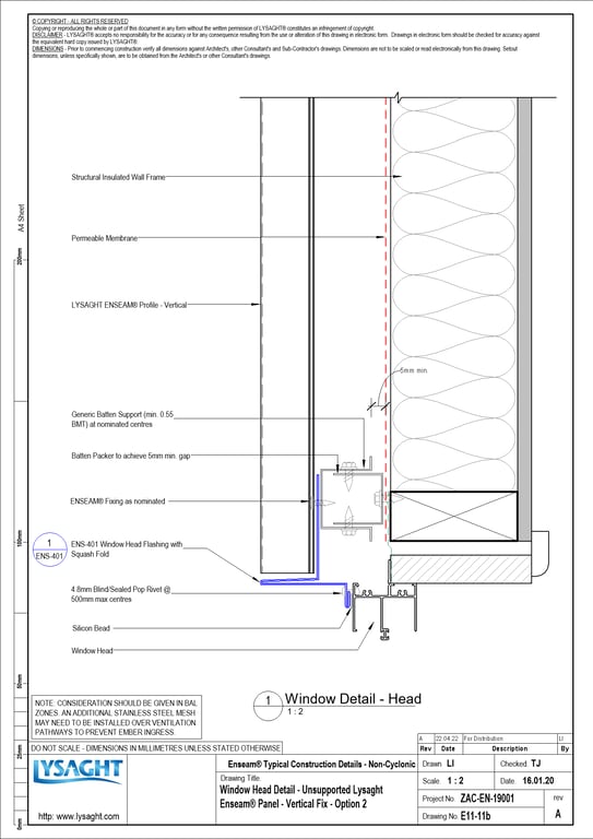 Navigate to E11-11b - Window Head Detail - Unsupported Lysaght Enseam® Panel - Vertical Fix - Option 2