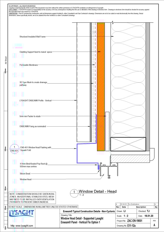 Navigate to E11-12a - Window Head Detail - Supported Lysaght Enseam® Panel - Vertical Fix Option 1