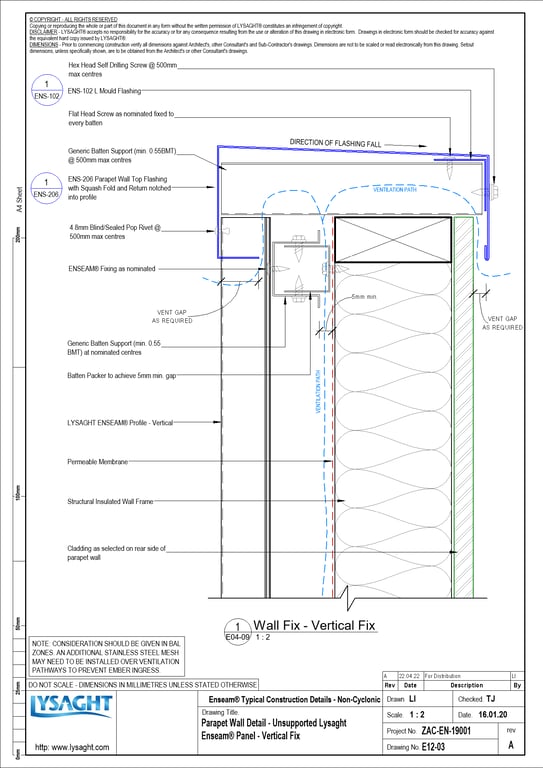  Image of E12-03 - Parapet Wall Detail - Unsupported Lysaght Enseam® Panel - Vertical Fix