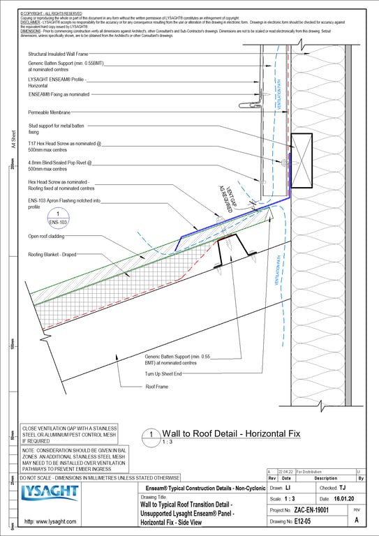  Image of E12-05 - Wall to Typical Roof Transition Detail - Unsupported Lysaght Enseam® Panel - Horizontal Fix - Side View