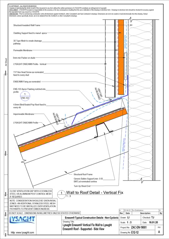 Navigate to E12-12 - Lysaght Enseam® Vertical Fix Wall to Lysaght Enseam® Roof - Supported - Side View