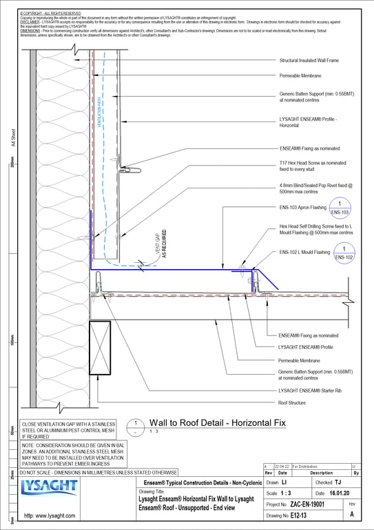 Navigate to E12-13 - Lysaght Enseam® Horizontal Fix Wall to Lysaght Enseam® Roof - Unsupported - End view
