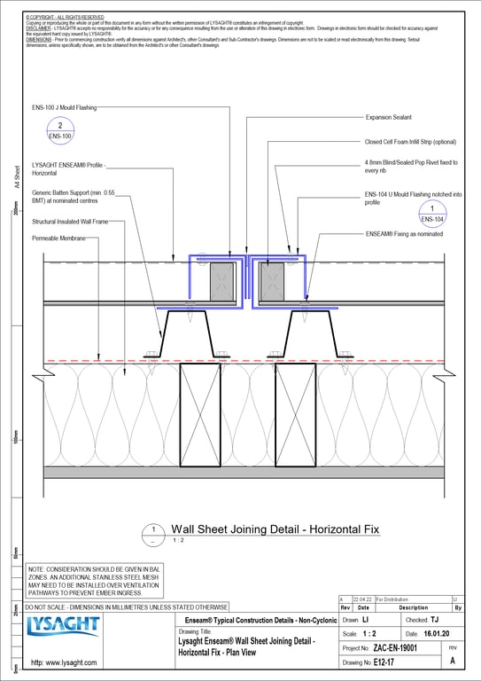 Navigate to E12-17 - Lysaght Enseam® Wall Sheet Joining Detail - Horizontal Fix - Plan View