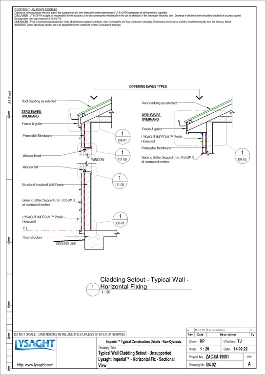 Navigate to I04-02 - Typical Wall Cladding Setout - Unsupported Lysaght Imperial™ - Horizontal Fix - Sectional View