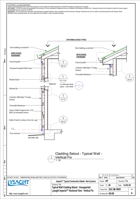Navigate to I04-06 - Typical Wall Cladding Setout - Unsupported Lysaght Imperial™ Sectional View - Vertical Fix