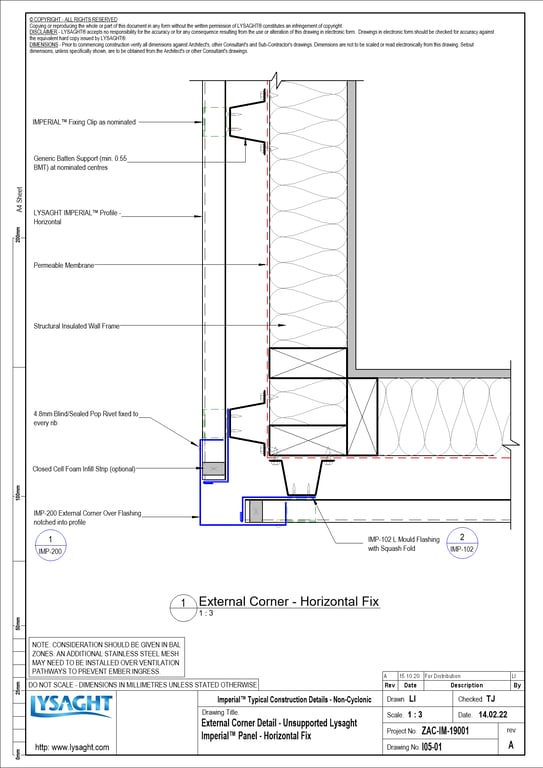 Navigate to I05-01 - External Corner Detail - Unsupported Lysaght Imperial™ Panel - Horizontal Fix