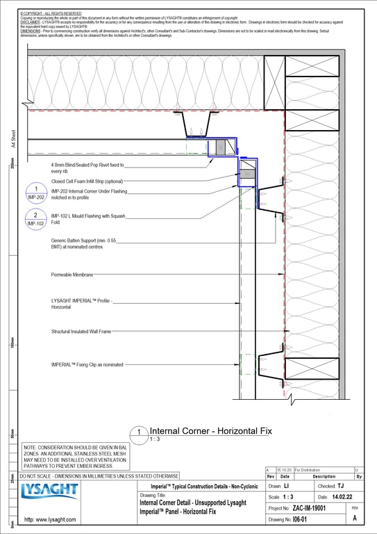 Navigate to I06-01 - Internal Corner Detail - Unsupported Lysaght Imperial™ Panel - Horizontal Fix