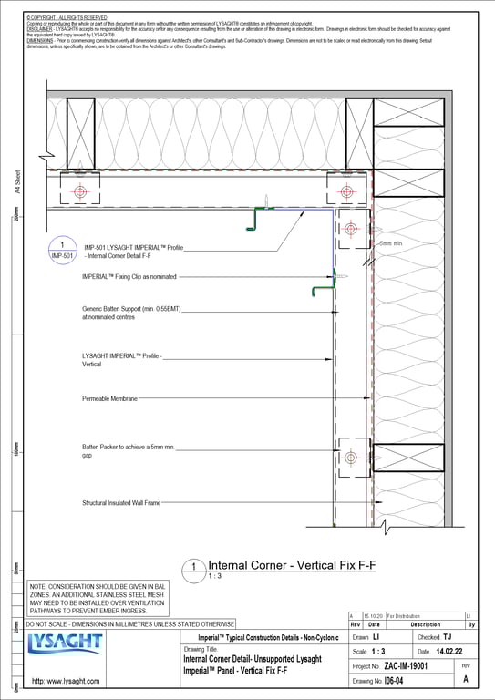Navigate to I06-04 - Internal Corner Detail- Unsupported Lysaght Imperial™ Panel - Vertical Fix F-F