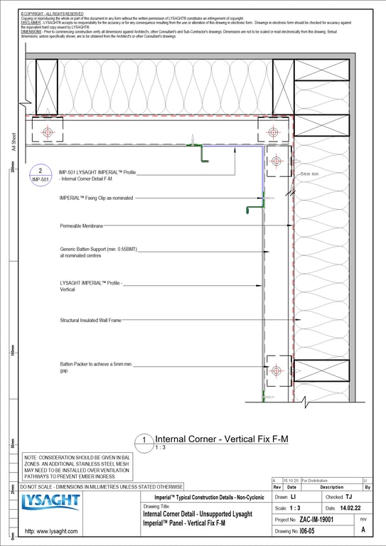 Navigate to I06-05 - Internal Corner Detail - Unsupported Lysaght Imperial™ Panel - Vertical Fix F-M