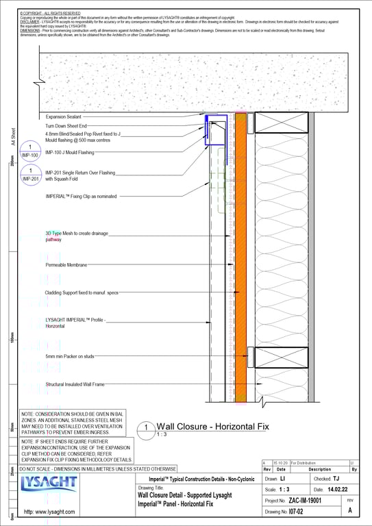 Navigate to I07-02 - Wall Closure Detail - Supported Lysaght Imperial™ Panel - Horizontal Fix