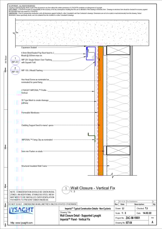 Navigate to I07-04 - Wall Closure Detail - Supported Lysaght Imperial™ Panel - Vertical Fix