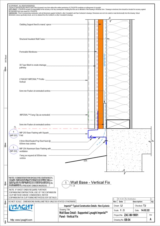  Image of I08-04 - Wall Base Detail - Supported Lysaght Imperial™ Panel - Vertical Fix