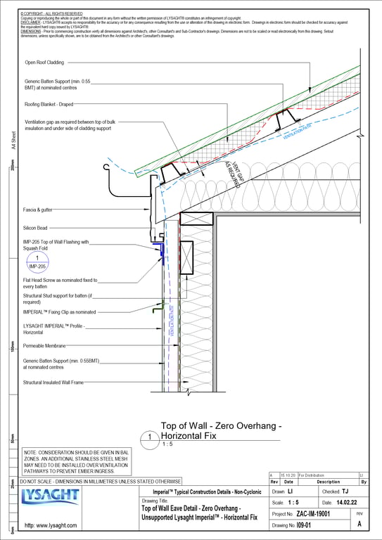 Navigate to I09-01 - Top of Wall Eave Detail - Zero Overhang - Unsupported Lysaght Imperial™ - Horizontal Fix