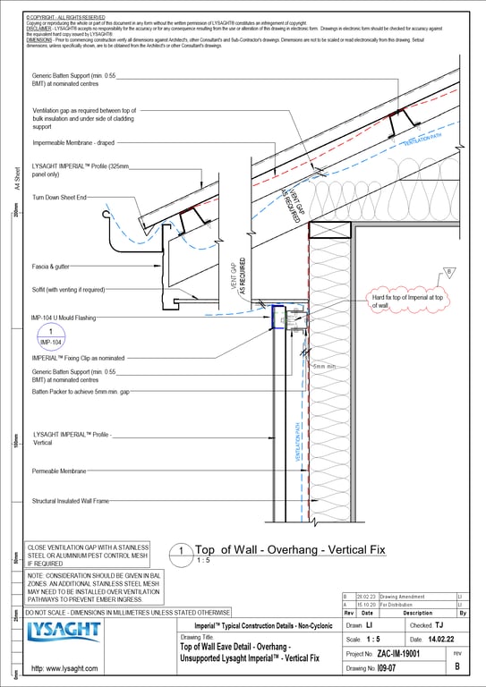 Image of I09-07 - Top of Wall Eave Detail - Overhang - Unsupported Lysaght Imperial™ - Vertical Fix
