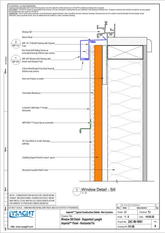 Navigate to I11-06 - Window Sill Detail - Supported Lysaght Imperial™ Panel - Horizontal Fix
