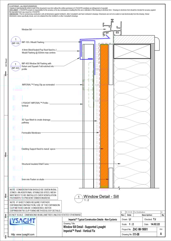 Navigate to I11-08 - Window Sill Detail - Supported Lysaght Imperial™ Panel - Vertical Fix