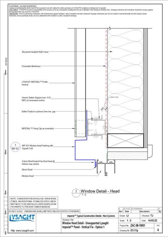 Navigate to I11-11a - Window Head Detail - Unsupported Lysaght Imperial™ Panel - Vertical Fix - Option 1