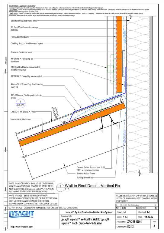 Navigate to I12-12 - Lysaght Imperial™ Vertical Fix Wall to Lysaght Imperial™ Roof - Supported - Side View