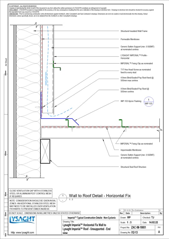  Image of I12-13 - Lysaght Imperial™ Horizontal Fix Wall to Lysaght Imperial™ Roof - Unsupported - End view