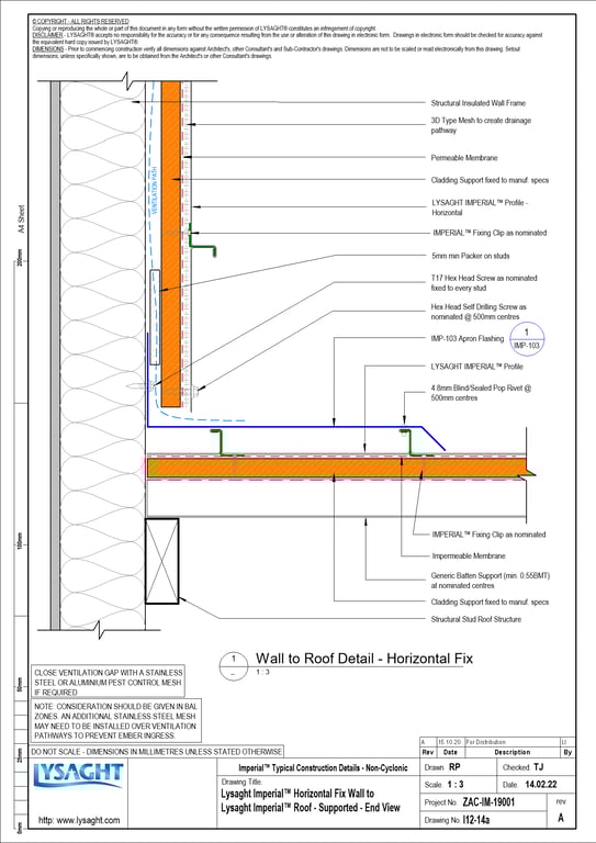 Navigate to I12-14a - Lysaght Imperial™ Horizontal Fix Wall to Lysaght Imperial™ Roof - Supported - End View