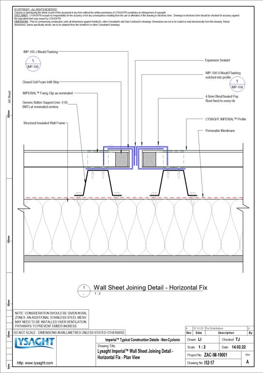 Navigate to I12-17 - Lysaght Imperial™ Wall Sheet Joining Detail - Horizontal Fix - Plan View