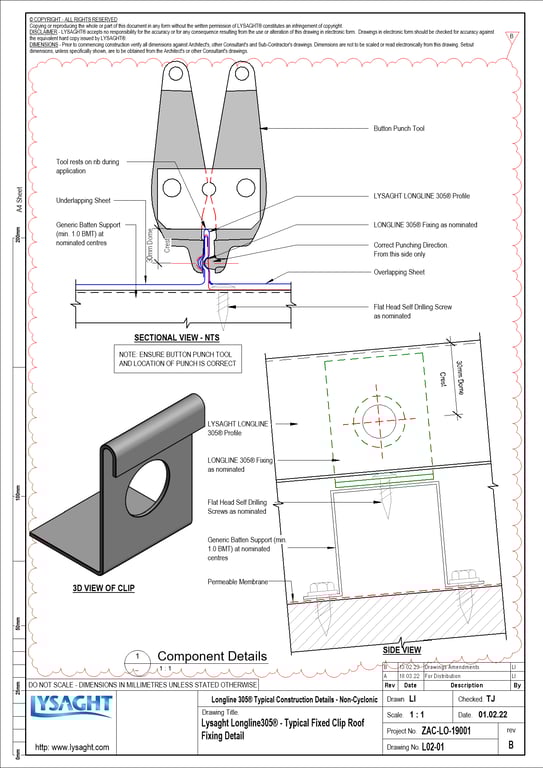 Navigate to L02-01 - Lysaght Longline305® - Typical Fixed Clip Roof Fixing Detail