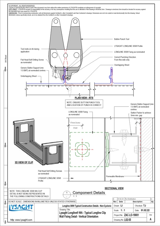 L02-05 - Lysaght Longline® WA - Typical Longline Clip Wall Fixing Detail - Vertical Orientation